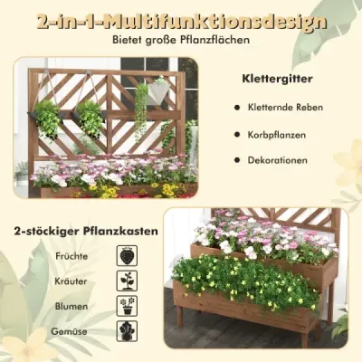 2-vrstvý zahradní záhon s dřevěným trellisovým květináčem s nohama Drenážní otvor Nádoba na rostliny hnědá