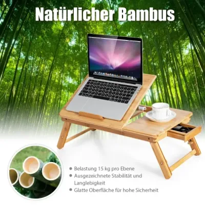 Bambusový stolek na notebook s výškově nastavitelnýma nohama a naklápěcí deskou odvádějící teplo natural