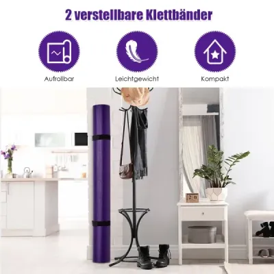 Podložka na jógu s oboustranným protiskluzovým designem a 2 nastavitelnými popruhy na suchý zip Fialová