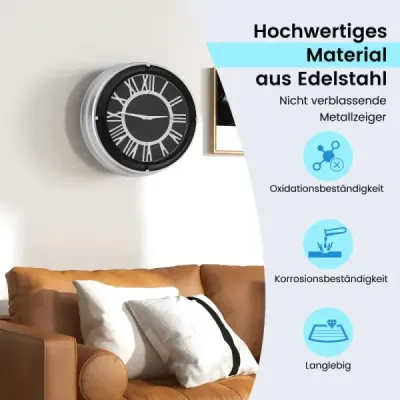 ? 45 cm Tiché nástěnné hodiny se stříbrným rámem a římským ciferníkem bez tíkání ? 45 cm