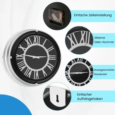 ? 45 cm Tiché nástěnné hodiny se stříbrným rámem a římským ciferníkem bez tíkání ? 45 cm