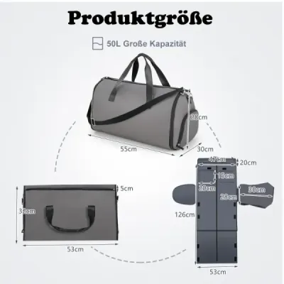 Příruční taška s přihrádkou na boty a nastavitelným ramenním popruhem 2 v 1 pro zavěšení obleku tmavě šedá