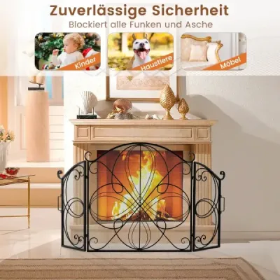 3-dílná skládací ochrana proti jiskrám s květinovým vzorem Dekorativní drátěná zábrana před krbem robustní 151 x 83 cm