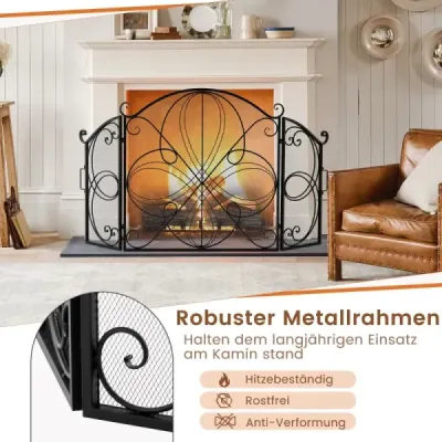 3-dílná skládací ochrana proti jiskrám s květinovým vzorem Dekorativní drátěná zábrana před krbem robustní 151 x 83 cm