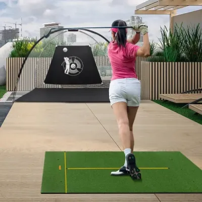 Golfová odpalová podložka 2 gumová odpaliště a 2 zarovnávací hole a 6 pozic pro odpaliště 152 x 92 cm tloušťka 32 mm