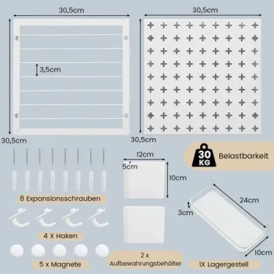 Stěna na nářadí se 2 úložnými nádobami a 1 úložným regálem a 5 magnety a 4 háčky