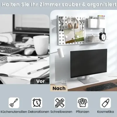 Stěna na nářadí se 2 úložnými nádobami a 1 úložným regálem a 5 magnety a 4 háčky
