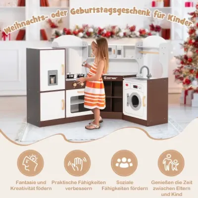 Dětská kuchyňka ze dřeva se zvukovými a světelnými efekty a výrobníkem zmrzliny a mikrovlnnou troubou Rohová kuchyňka na hraní hnědá