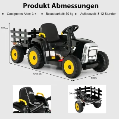 12 V dětský traktor s přívěsem Elektrické autíčko na baterie žluté