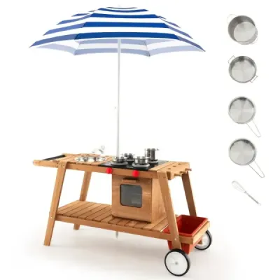 Mud Kitchen Dětská venkovní dětská kuchyně Dřevo se slunečníkem a kolečky Modrá