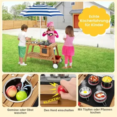 Mud Kitchen Dětská venkovní dětská kuchyně Dřevo se slunečníkem a kolečky Modrá