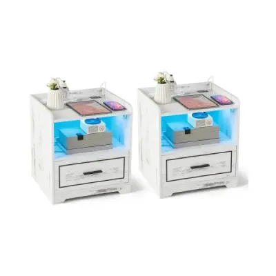 Sada 2 nočních stolků s LED světlem Port USB a nabíjecí stanice typu C Noční skříňka se senzorem pohybu Bílá