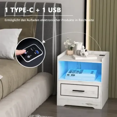 Sada 2 nočních stolků s LED světlem Port USB a nabíjecí stanice typu C Noční skříňka se senzorem pohybu Bílá