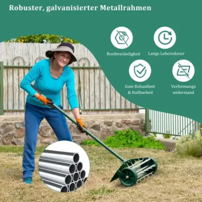 Válec na provzdušňování trávníku Válec na trávník s rukojetí a 3 cm hřebíky a ochranou proti postříkání 46 x 23 x 127 cm
