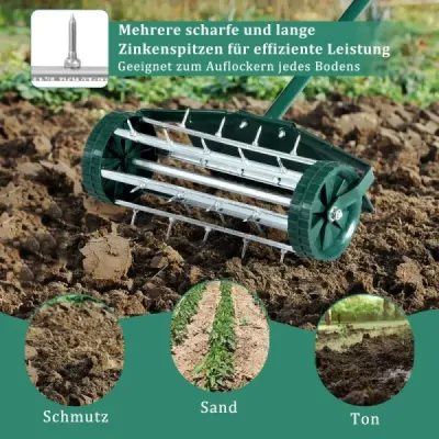 Válec na provzdušňování trávníku Válec na trávník s rukojetí a 3 cm hřebíky a ochranou proti postříkání 46 x 23 x 127 cm