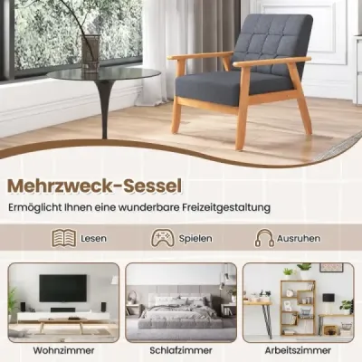 Moderní křeslo s prošíváním knoflíkem v prodyšné lněné tkanině a masivním dřevem z pryže