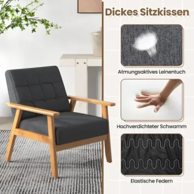 Moderní křeslo s prošíváním knoflíkem v prodyšné lněné tkanině a masivním dřevem z pryže