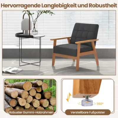 Moderní křeslo s prošíváním knoflíkem v prodyšné lněné tkanině a masivním dřevem z pryže