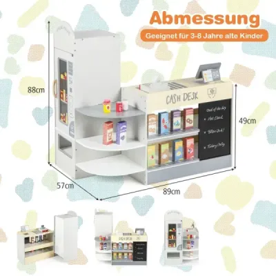 Hrací souprava dětského supermarketu s pokladnou a pokladním automatem a prodejním automatem a tabulí šedá