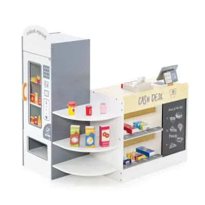 Hrací souprava dětského supermarketu s pokladnou a pokladním automatem a prodejním automatem a bílou tabulí