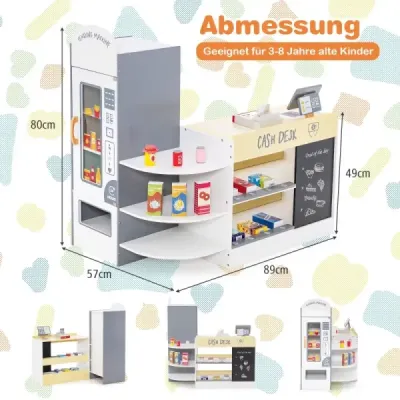 Hrací souprava dětského supermarketu s pokladnou a pokladním automatem a prodejním automatem a bílou tabulí
