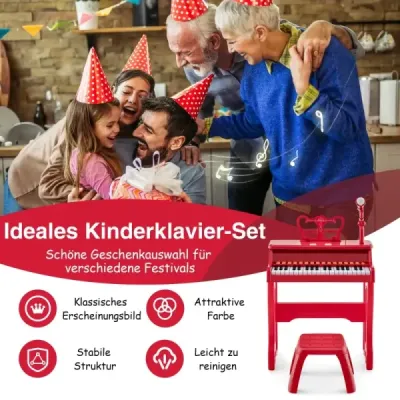 37-klávesová dětská klávesnice se židlí a nastavitelným mikrofonem a hudebním stojanem červená