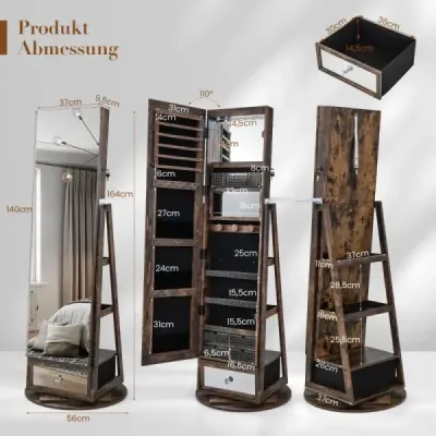 Skříňka na šperky 360° otočná zrcadlová skříňka se zrcadlem po celé délce 140 x 37 cm Rustikální hnědá