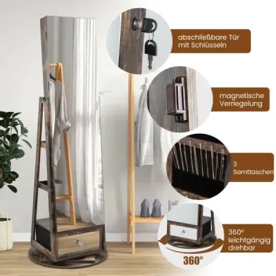 Skříňka na šperky 360° otočná zrcadlová skříňka se zrcadlem po celé délce 140 x 37 cm Rustikální hnědá