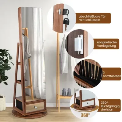 Skříňka na šperky 360° otočná zrcadlová skříňka se zrcadlem po celé délce 140 x 37 cm hnědá