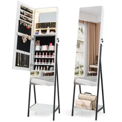 Skříňka na šperky se zrcadlem Uzamykatelná zrcadlová skříňka se 3 barevnými LED světly 41 x 35 x 166 cm bílá