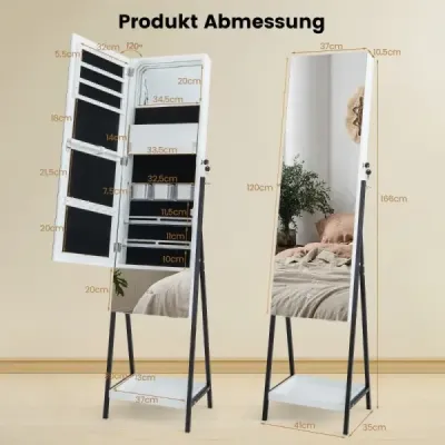 Skříňka na šperky se zrcadlem Uzamykatelná zrcadlová skříňka se 3 barevnými LED světly 41 x 35 x 166 cm bílá