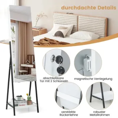 Skříňka na šperky se zrcadlem Uzamykatelná zrcadlová skříňka se 3 barevnými LED světly 41 x 35 x 166 cm bílá