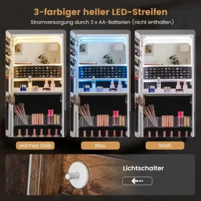 Skříňka na šperky se zrcadlem Uzamykatelná zrcadlová skříňka se 3 barevnými LED světly 41 x 35 x 166 cm Hnědá