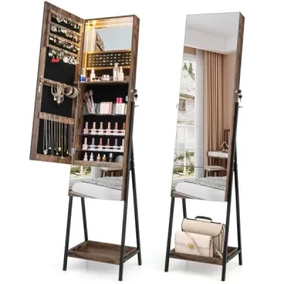 Skříňka na šperky se zrcadlem Uzamykatelná zrcadlová skříňka se 3 barevnými LED světly 41 x 35 x 166 cm Hnědá