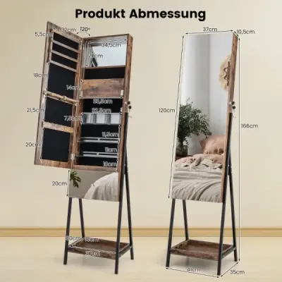 Skříňka na šperky se zrcadlem Uzamykatelná zrcadlová skříňka se 3 barevnými LED světly 41 x 35 x 166 cm Hnědá