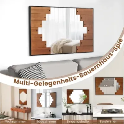 Obdélníkové zrcadlo s dřevěným rámem 60 x 95 cm rustikální nástěnné zrcadlo s obousměrnými háčky