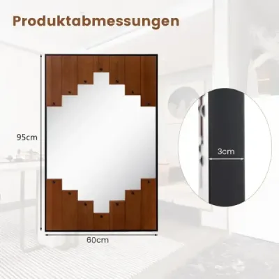 Obdélníkové zrcadlo s dřevěným rámem 60 x 95 cm rustikální nástěnné zrcadlo s obousměrnými háčky