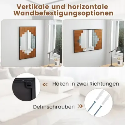 Obdélníkové zrcadlo s dřevěným rámem 60 x 95 cm rustikální nástěnné zrcadlo s obousměrnými háčky
