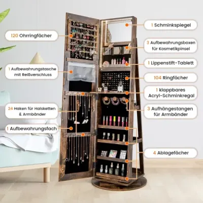 360° otočná skříňka na šperky s tříbarevným LED osvětlením Volně stojící zrcadlová skříňka hnědá