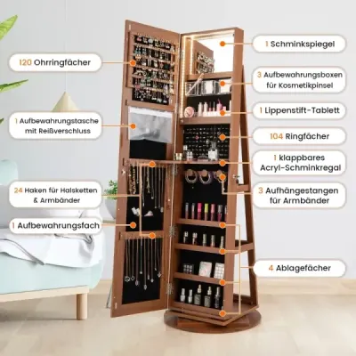 360° otočná skříňka na šperky s tříbarevnými LED světly Volně stojící zrcadlová skříňka ze dřeva