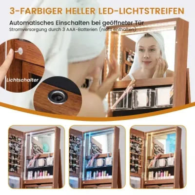 360° otočná skříňka na šperky s tříbarevnými LED světly Volně stojící zrcadlová skříňka ze dřeva