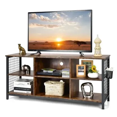 TV skříňka lowboard s otevřenými přihrádkami TV police pro televizory do 65 palců 140 x 40 x 62,5 cm Rustikální hnědá