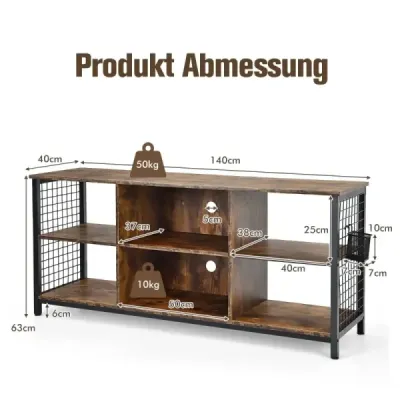 TV skříňka lowboard s otevřenými přihrádkami TV police pro televizory do 65 palců 140 x 40 x 62,5 cm Rustikální hnědá