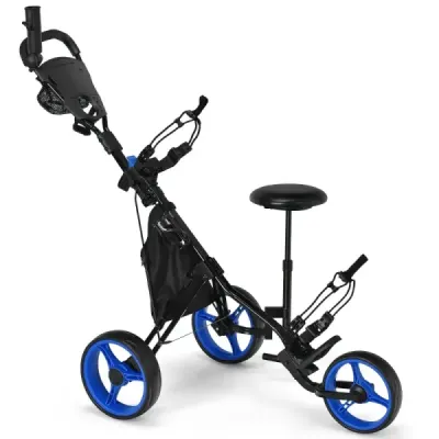 Golfový vozík na 3 kolečkách s držákem na deštník a sedadlem Skládací golfový vozík Golf Caddy Blue