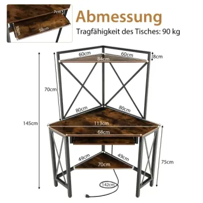 Stůl s nabíjecí stanicí Rohový počítačový stůl s výsuvem na klávesnici a 2 policemi 113 x 75 x 145 cm Rustikální hnědá + černá
