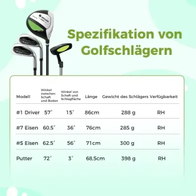 4-dílná dětská sada golfových holí s golfovým vakem a krytem proti dešti pro děti ve věku 8-10 let Zelená