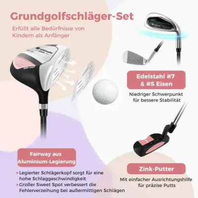 4-dílná dětská sada golfových holí s golfovým vakem a krytem proti dešti pro děti ve věku 8-10 let Růžová