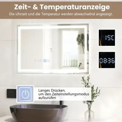 Koupelnové zrcadlo s vyhříváním zrcadla proti zamlžování LED zrcadlo stmívatelné 3000K-6000K 75 x 50 cm