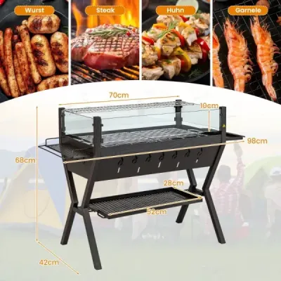Gril na dřevěné uhlí s větrovkou, stojany na pepř a policí Grilovací plocha z nerezavějící oceli 98 x 42 x 68 cm Hnědá barva