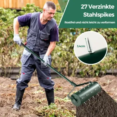 Provzdušňovač trávníku válec ruční 44 x 128 cm válec na trávník s rukojetí a hřebíky zelené